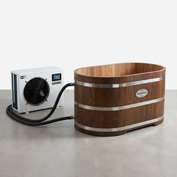 Woodbridge 54" Indoor Cold Plunge Tub W/ 1.3 HP White Chiller – Rapid Cooling & Heating, Ozone Sanitation, Filter Circulation System, Wifi-Enabled & Remote Control via APP, Insulated Tub Cover — Studio Shot